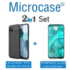 Microcase Huawei P40 Lite Leather Tpu Silikon Kılıf - Siyah + Tempered Glass Cam Koruma