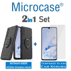 Microcase Xiaomi Mi 9 Pro Batman Serisi Yüzük Standlı Armor Kılıf - Siyah + Tempered Glass Cam Koruma