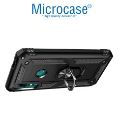 Microcase Huawei Y9 Prime 2019 Anka Serisi Yüzük Standlı Armor Kılıf Siyah + Tempered Glass Cam Koruma (SEÇENEKLİ)