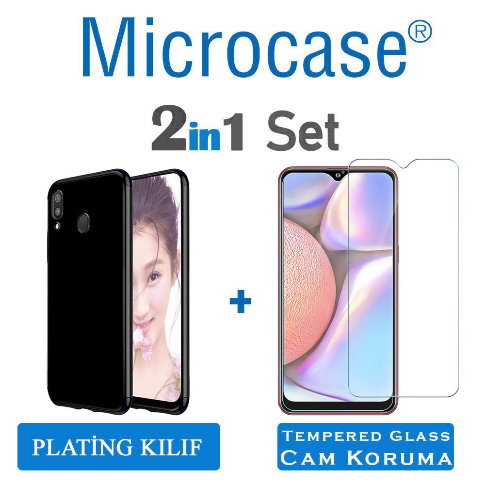 Microcase Samsung Galaxy A10s Plating Series Silikon Kılıf - Siyah + Tempered Glass Cam Koruma