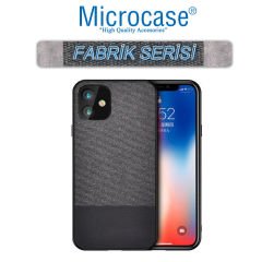 iPhone 12 Fabrik Serisi Kumaş ve Deri Desen Kılıf - Siyah