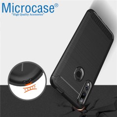 Microcase Huawei Y9 Prime 2019 Brushed Carbon Fiber Silikon Kılıf - Siyah + Tempered Glass Cam Koruma
