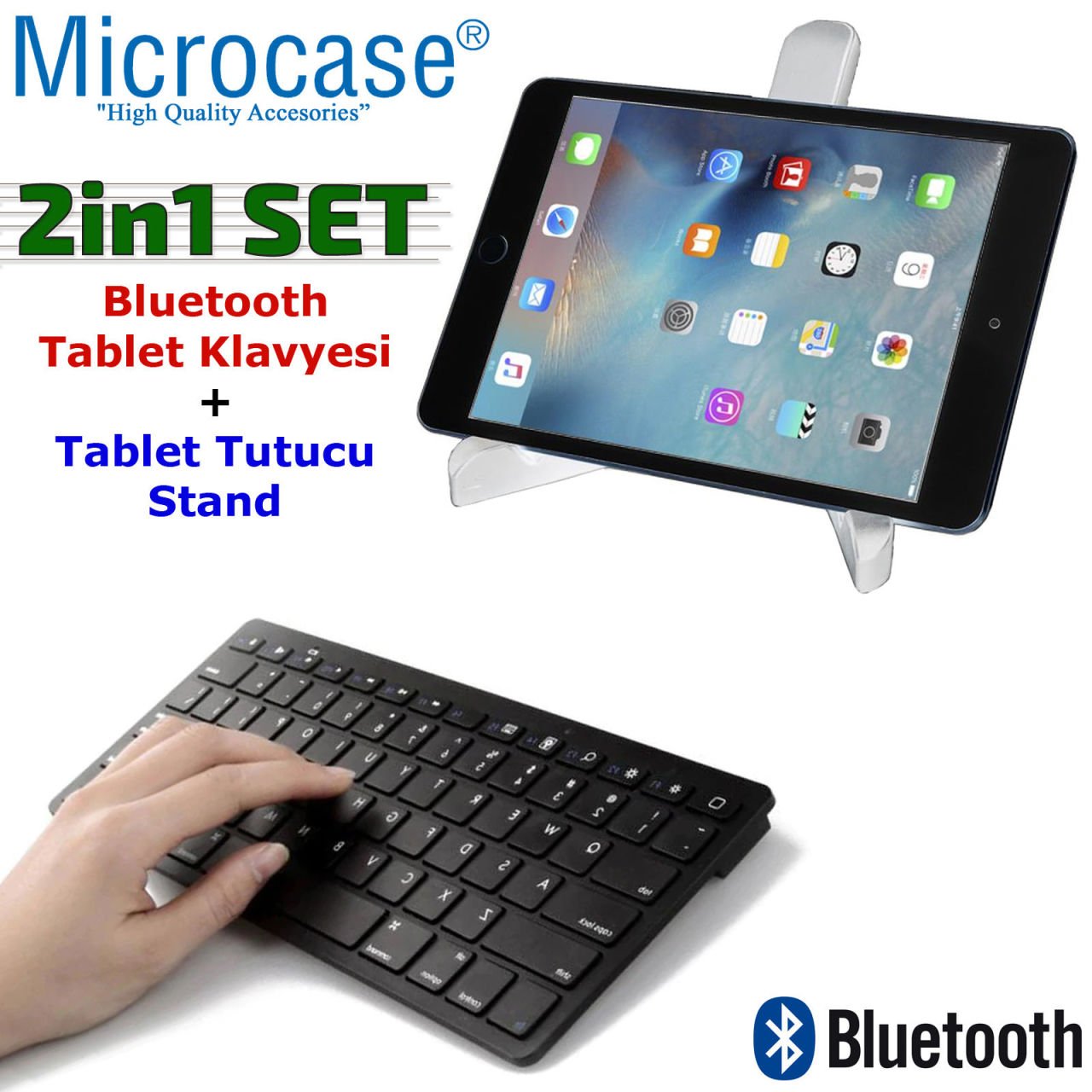 Microcase Alcatel A3 10.1 için Bluetooth Kablosuz Tablet Klavyesi + Tablet Tutucu Stand