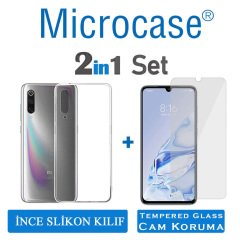 Microcase Xiaomi Mi 9 Pro İnce 0.2 mm Soft Silikon Kılıf - Şeffaf + Tempered Glass Cam Koruma