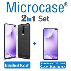 Microcase Xiaomi Redmi K30 Brushed Carbon Fiber Silikon Kılıf - Siyah + Tempered Glass Cam Koruma