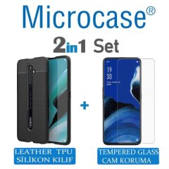 Microcase Oppo Reno 2Z Leather Tpu Silikon Kılıf - Siyah + Tempered Glass Cam Koruma
