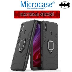 Microcase Xiaomi Mi Max 3 Batman Serisi Yüzük Standlı Armor Kılıf - Siyah + Tam Kaplayan Çerçeveli Cam