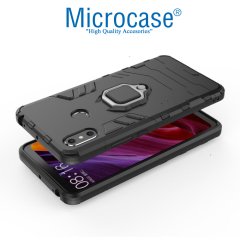 Microcase Xiaomi Mi Max 3 Batman Serisi Yüzük Standlı Armor Kılıf - Siyah + Tam Kaplayan Çerçeveli Cam