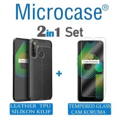 Microcase Realme 6i Leather Tpu Silikon Kılıf - Siyah + Tempered Glass Cam Koruma