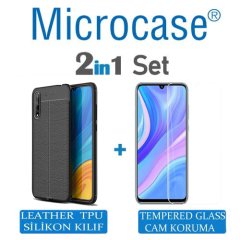 Microcase Huawei P Smart S / Y8P Leather Tpu Silikon Kılıf - Siyah + Tempered Glass Cam Koruma