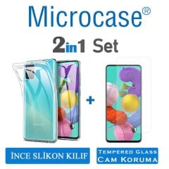 Microcase Samsung Galaxy A51 İnce 0.2 mm Soft Silikon Kılıf - Şeffaf + Tempered Glass Cam Koruma