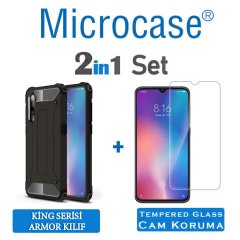 Microcase Xiaomi Mi 9 King Serisi Armor Perfect Koruma Kılıf Siyah + Tempered Glass Cam Koruma (SEÇENEKLİ)