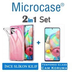 Microcase Samsung Galaxy A71 İnce 0.2 mm Soft Silikon Kılıf - Şeffaf + Tempered Glass Cam Koruma