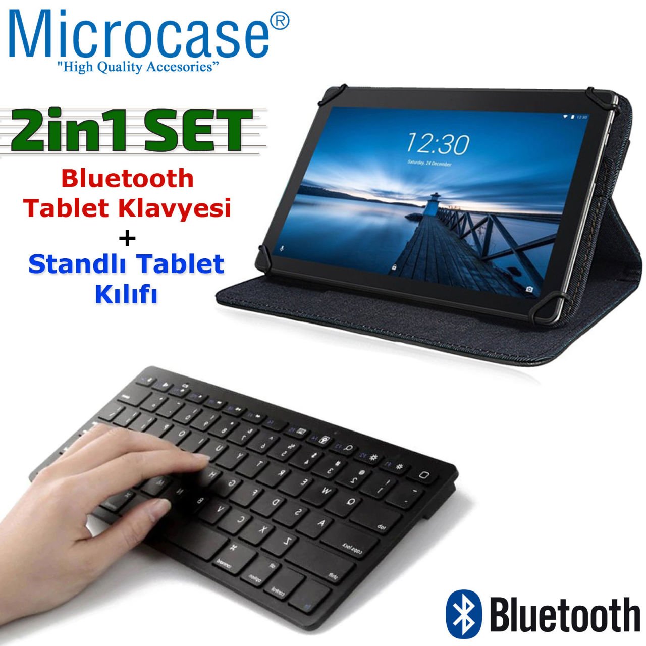 Microcase Alcatel A3 10.1 Roxy Serisi Döner Standlı Kılıf + Bluetooth Kablosuz Tablet Klavyesi