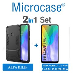 Microcase Huawei Y6P Alfa Serisi Armor Standlı Perfect Koruma Kılıf - Siyah + Tempered Glass Cam Koruma