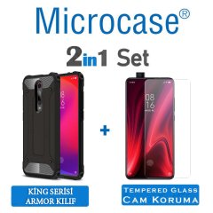 Microcase Xiaomi Mi 9T King Serisi Armor Perfect Koruma Kılıf Siyah + Tempered Glass Cam Koruma (SEÇENEKLİ)