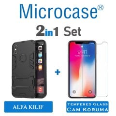 Microcase iPhone X - iPhone XS Alfa Serisi Armor Standlı Perfect Koruma Kılıf - Siyah + Tempered Glass Cam Koruma