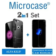 Microcase iPhone 7 Plus Alfa Serisi Armor Standlı Perfect Koruma Kılıf - Siyah + Tempered Glass Cam Koruma