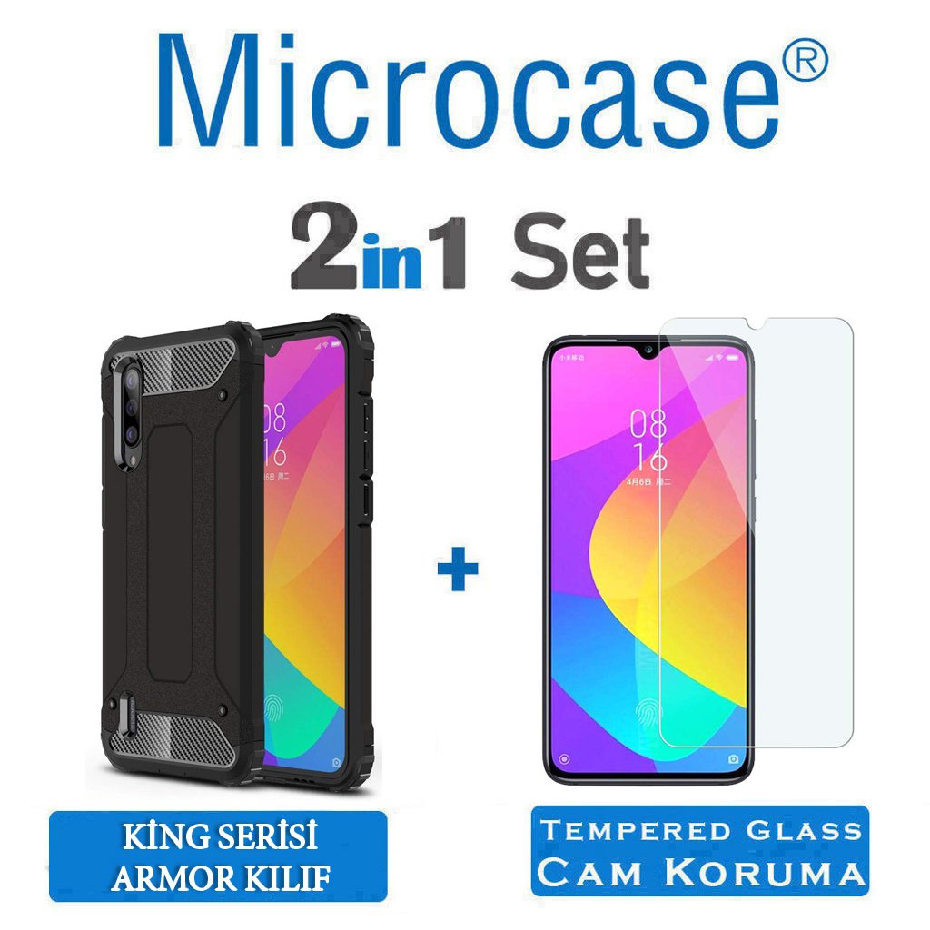 Microcase Xiaomi Mi CC9e - Mi A3 King Serisi Armor Perfect Koruma Kılıf Siyah + Tempered Glass Cam Koruma (SEÇENEKLİ)