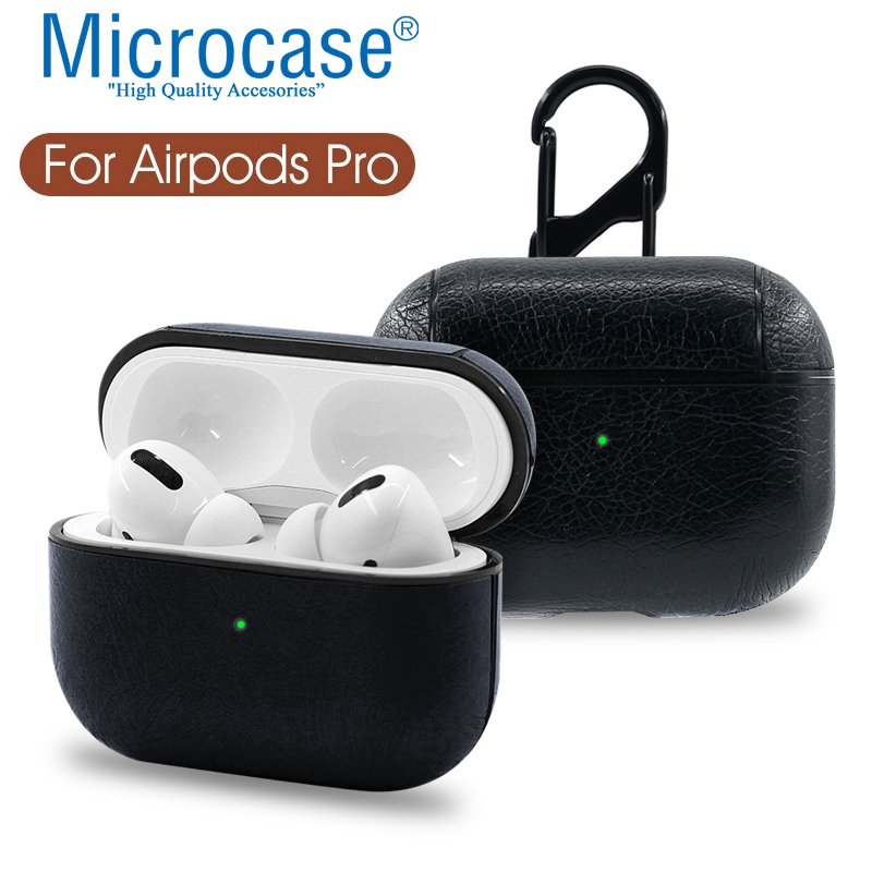 Microcase Airpods Pro Kulaklık ve Şarj Ünitesi için Deri Kılıf - Siyah