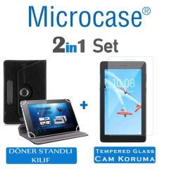 Microcase Lenovo Tab E7 7104 TB-7104F 7104F 7 inch Tablet Universal Döner Standlı Kılıf - Siyah + Tempered Glass Cam Koruma