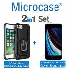 Microcase İphone SE 2020 Anka Serisi Yüzük Standlı Armor Kılıf Siyah+Tempered Glass Cam Koruma