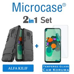 Microcase Huawei Mate 30 Lite Alfa Serisi Armor Standlı Perfect Koruma Kılıf - Siyah + Tempered Glass Cam Koruma