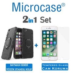Microcase iPhone 8 Batman Serisi Yüzük Standlı Armor Kılıf - Siyah + Tempered Glass Cam Koruma