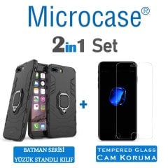 Microcase iPhone 8 Plus Batman Serisi Yüzük Standlı Armor Kılıf - Siyah + Tempered Glass Cam Koruma
