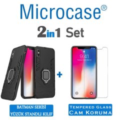 Microcase iPhone X - iPhone XS Batman Serisi Yüzük Standlı Armor Kılıf - Siyah + Tempered Glass Cam Koruma