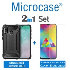 Microcase Samsung Galaxy M20 King Serisi Armor Perfect Koruma Kılıf Siyah + Tempered Glass Cam Koruma (SEÇENEKLİ)