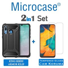Microcase Samsung Galaxy A20 - A30 King Serisi Armor Perfect Koruma Kılıf Siyah + Tempered Glass Cam Koruma (SEÇENEKLİ)