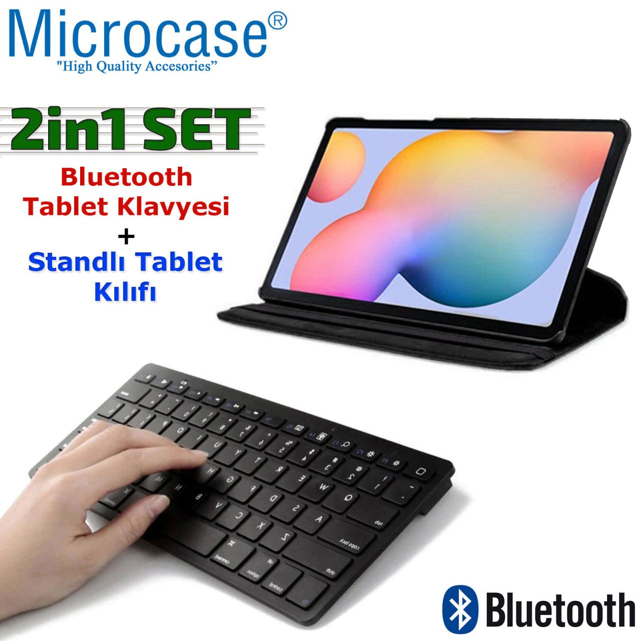 Microcase Huawei Mediapad T3 7 WiFi 360 Döner Standlı Kılıf + Bluetooth Kablosuz Tablet Klavyesi