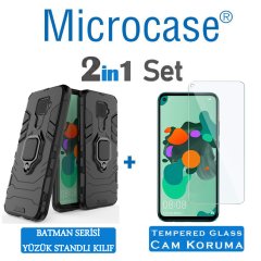 Microcase Huawei Mate 30 Lite Batman Serisi Yüzük Standlı Armor Kılıf - Siyah + Tempered Glass Cam Koruma