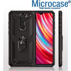 Microcase Xiaomi Redmi 9 Anka Serisi Yüzük Standlı Armor Kılıf Siyah+Tempered Glass Cam Koruma