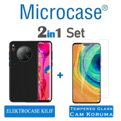 Microcase Huawei Mate 30 Elektrocase Serisi Kamera Korumalı Silikon Kılıf - Siyah + Tempered Glass Cam Koruma