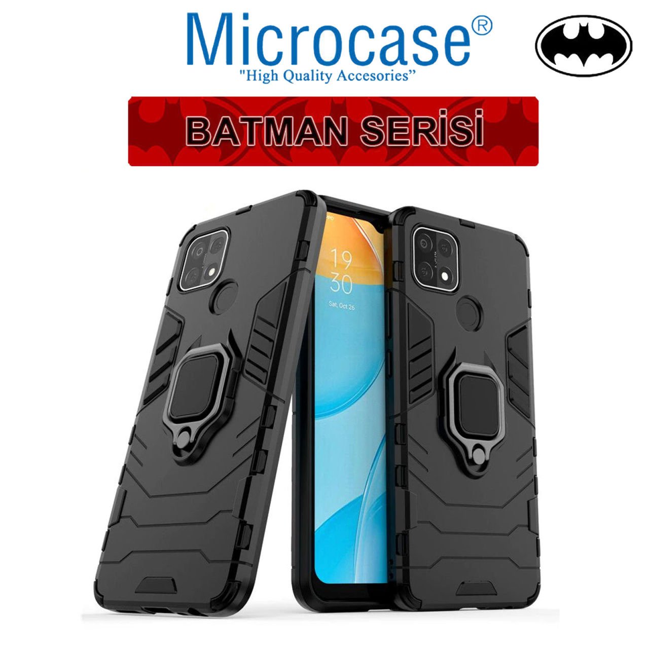 Microcase Oppo A15S Batman Serisi Yüzük Standlı Armor Kılıf - Siyah