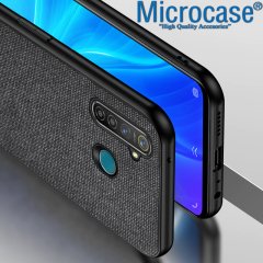 Microcase Oppo Realme 6i Fabrik Serisi Kumaş ve Deri Desen Kılıf - Siyah
