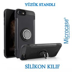 Microcase iPhone 7 Yüzük Standlı Armor Silikon Kılıf - Siyah