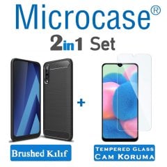 Microcase Samsung Galaxy A30s Brushed Carbon Fiber Silikon Kılıf - Siyah + Tempered Glass Cam Koruma