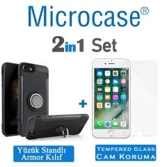 Microcase iPhone 8 Yüzük Standlı Armor Silikon Kılıf - Siyah + Tempered Glass Cam Koruma