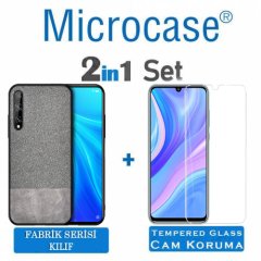 Microcase Huawei P Smart S - Y8P Fabrik Serisi Kumaş ve Deri Desen Kılıf  - Gri + Tempered Glass Cam Koruma