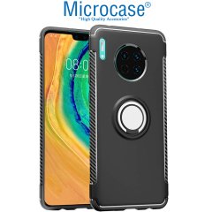 Microcase Huawei Mate 30 Yüzük Standlı Armor Silikon Kılıf - Siyah + Tempered Glass Cam Koruma