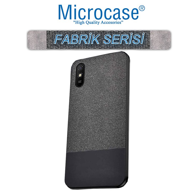 Microcase Xiaomi Redmi 9A Fabrik Serisi Kumaş ve Deri Desen Kılıf - Gri