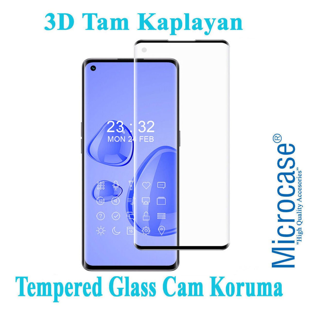 Microcase Oppo Reno 5 Pro Plus 3D Curved Tam Kaplayan Tempered Glass Cam Koruma - Siyah