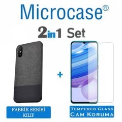 Microcase Xiaomi Redmi 9A Fabrik Serisi Kumaş ve Deri Desen Kılıf  - Siyah + Tempered Glass Cam Koruma