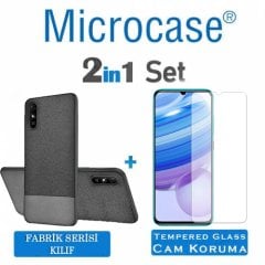 Microcase Xiaomi Redmi 9A Fabrik Serisi Kumaş ve Deri Desen Kılıf  - Gri+ Tempered Glass Cam Koruma