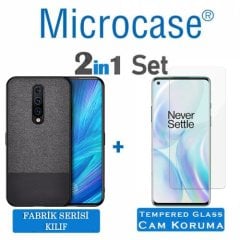 Microcase OnePlus 8 Fabrik Serisi Kumaş ve Deri Desen Kılıf  - Siyah + Tempered Glass Cam Koruma