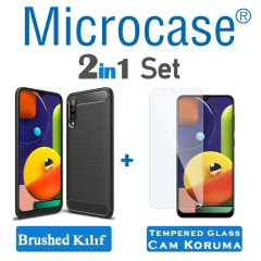 Microcase Samsung Galaxy A50s Brushed Carbon Fiber Silikon Kılıf - Siyah + Tempered Glass Cam Koruma