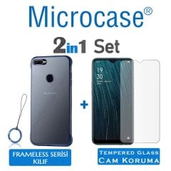 Microcase Oppo A5S - Oppo AX7 Frameless Serisi Sert Rubber Kılıf - Mavi + Tempered Glass Cam Koruma